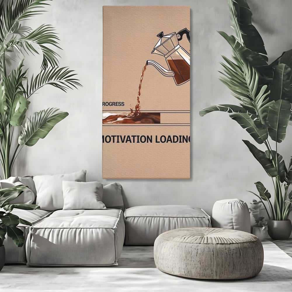 Tablou canvas cu tablou canvas cu ibric de cafea si bara de progres, fara rama, pe sasiu de lemn, pe perete intr-un living